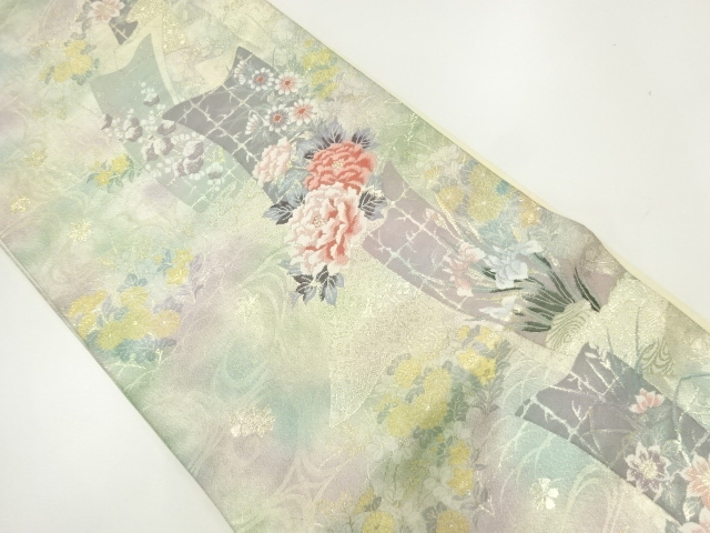JAPANESE KIMONO / FUKURO OBI / SILK / WOVEN TANZAKU & FLOWERS & CLASSICAL PATTERN